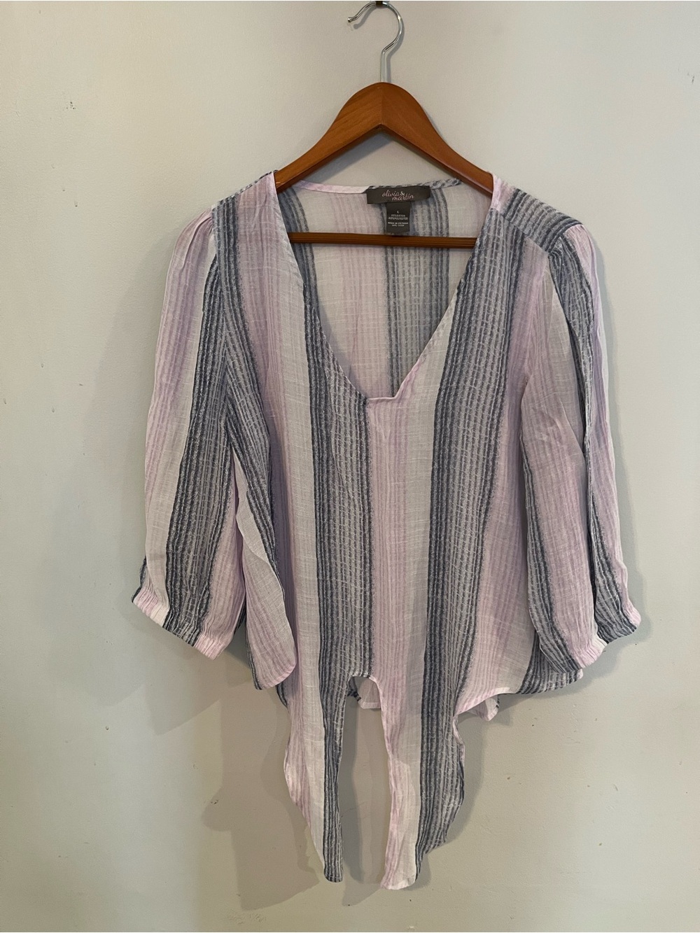 Light Pink/Gray Top Striped V-Neck Front Tie Women’s